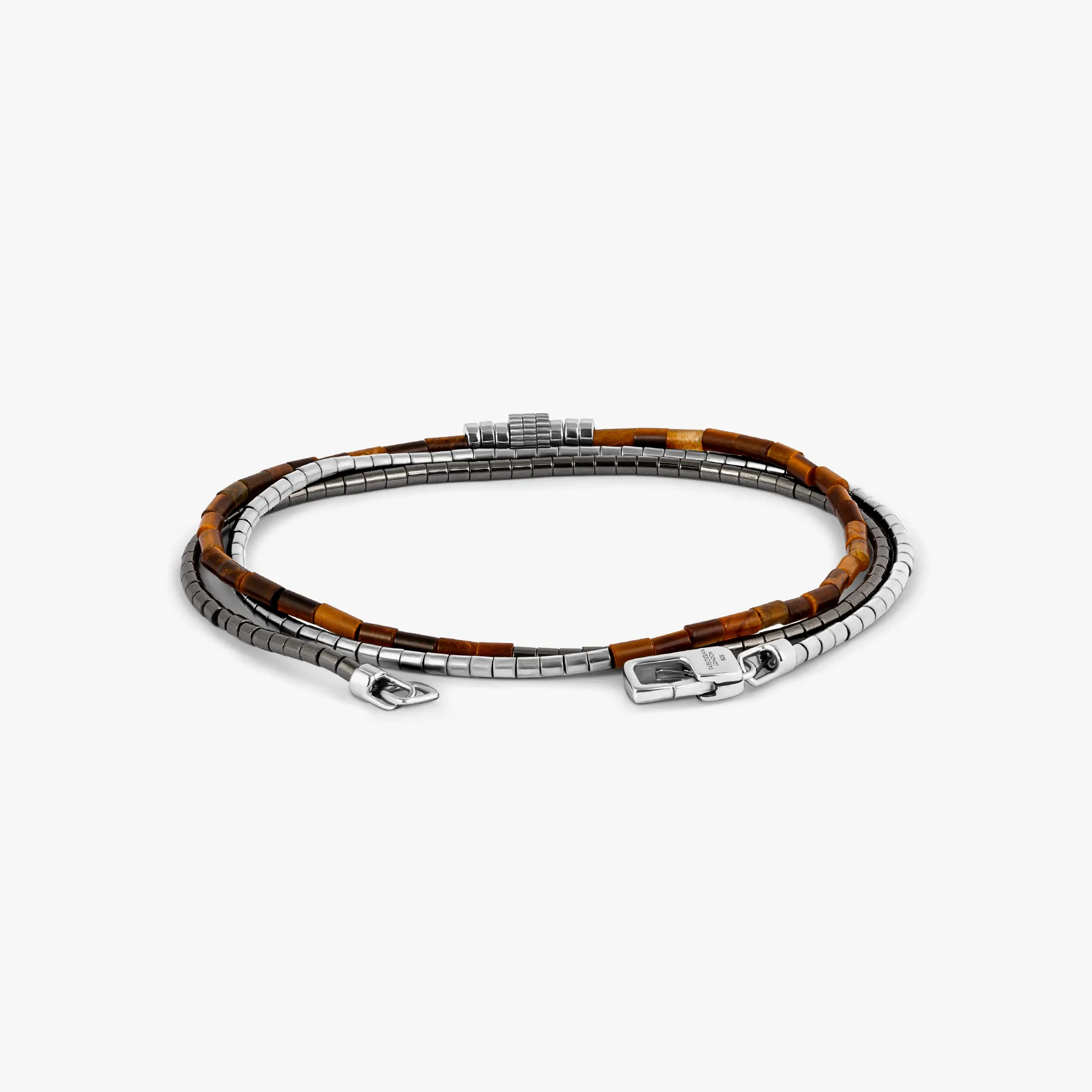 Navaho Triple Wrap Beaded Bracelet in Rhodium Silver with Tiger Eye and Hematite sold by Tateossian product image thumbnail 4