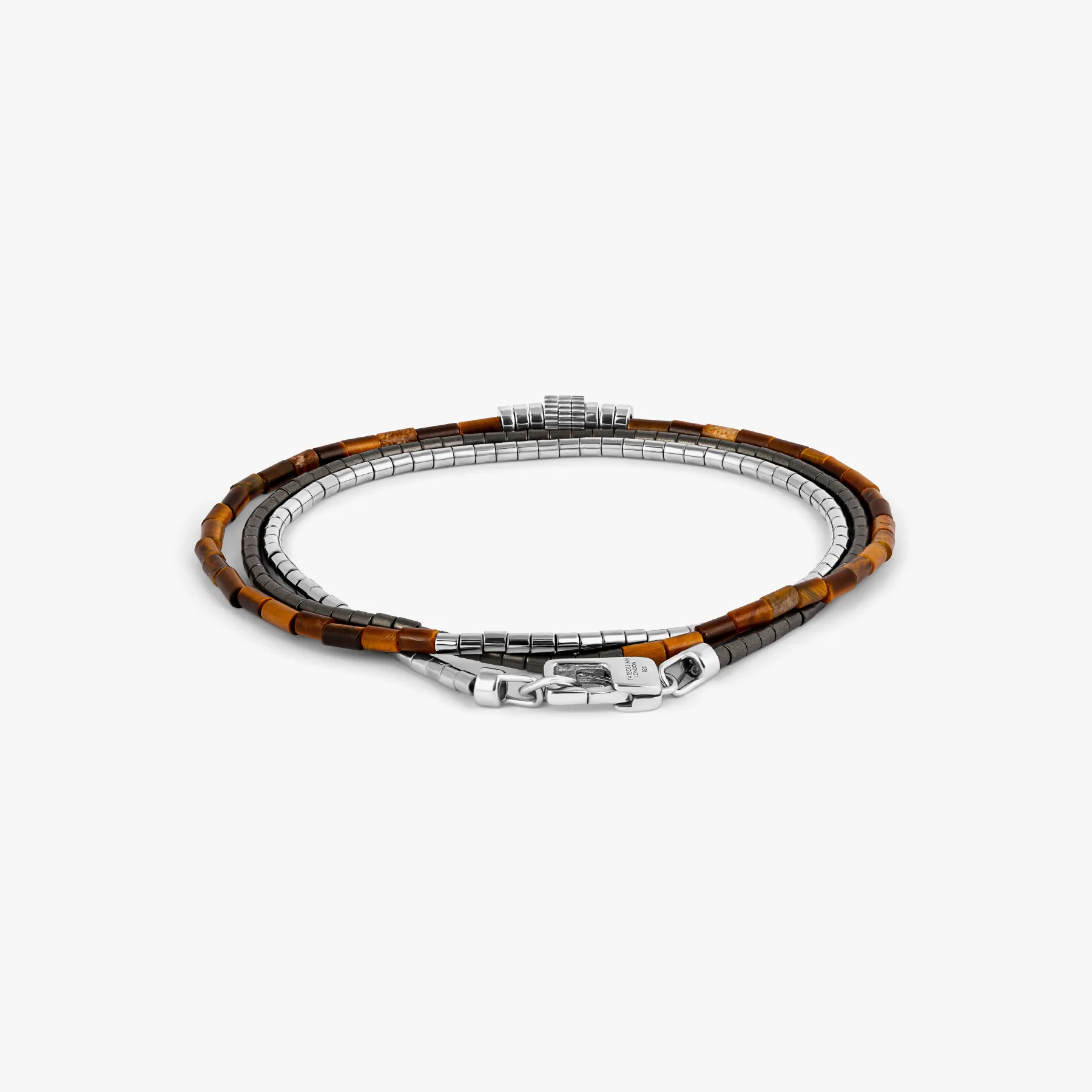 Navaho Triple Wrap Beaded Bracelet in Rhodium Silver with Tiger Eye and Hematite sold by Tateossian product image thumbnail 3