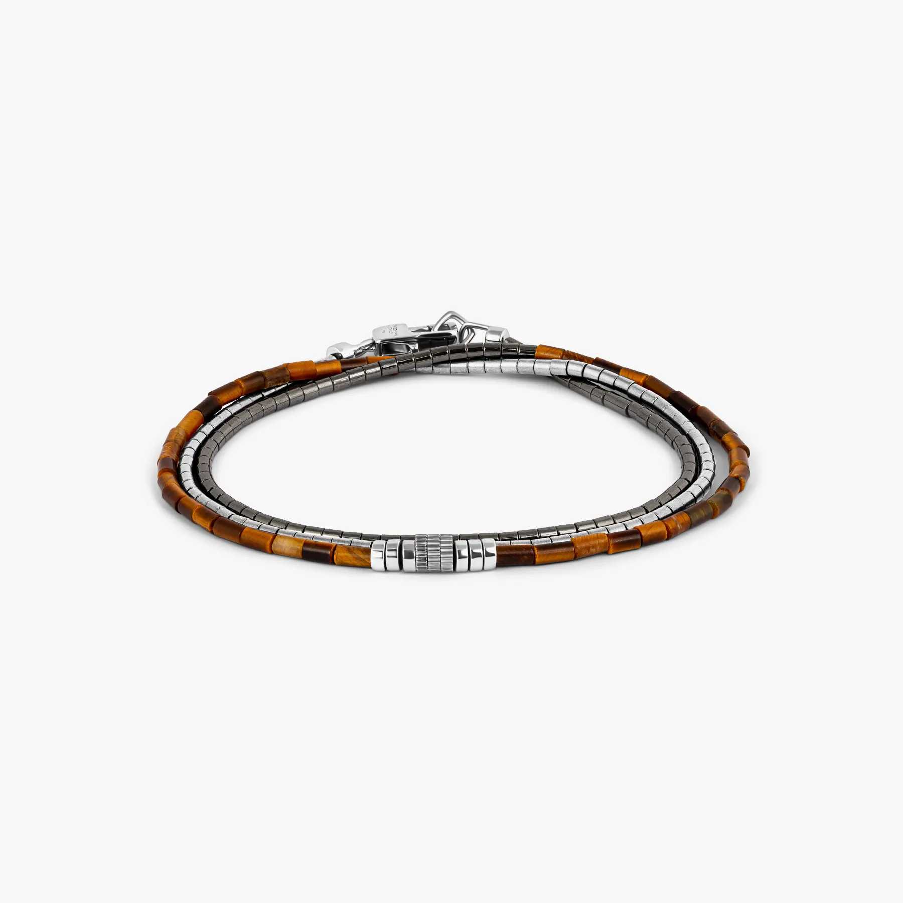 Navaho Triple Wrap Beaded Bracelet in Rhodium Silver with Tiger Eye and Hematite sold by Tateossian
