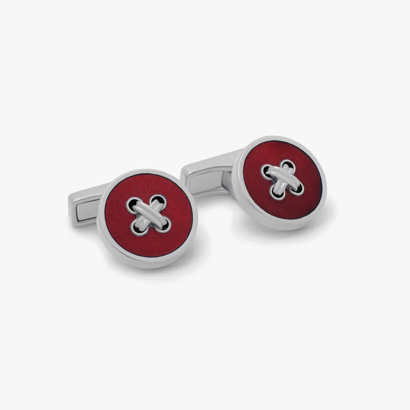 THOMPSON Tambor Button Cufflinks in Palladium Plated with Red Enamel sold by Tateossian