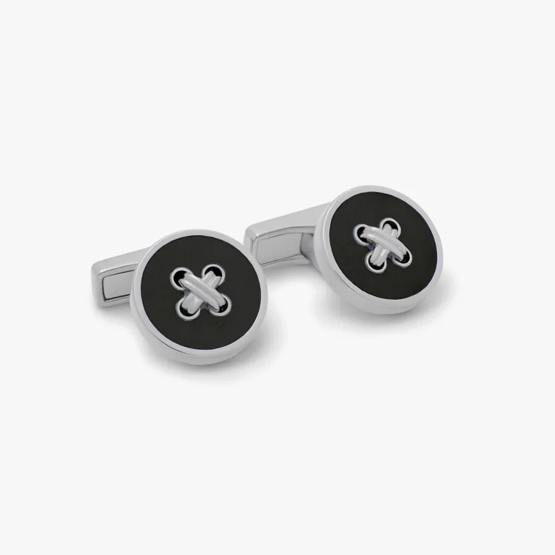 THOMPSON Tambor Button Cufflinks in Palladium Plated with Black Enamel sold by Tateossian