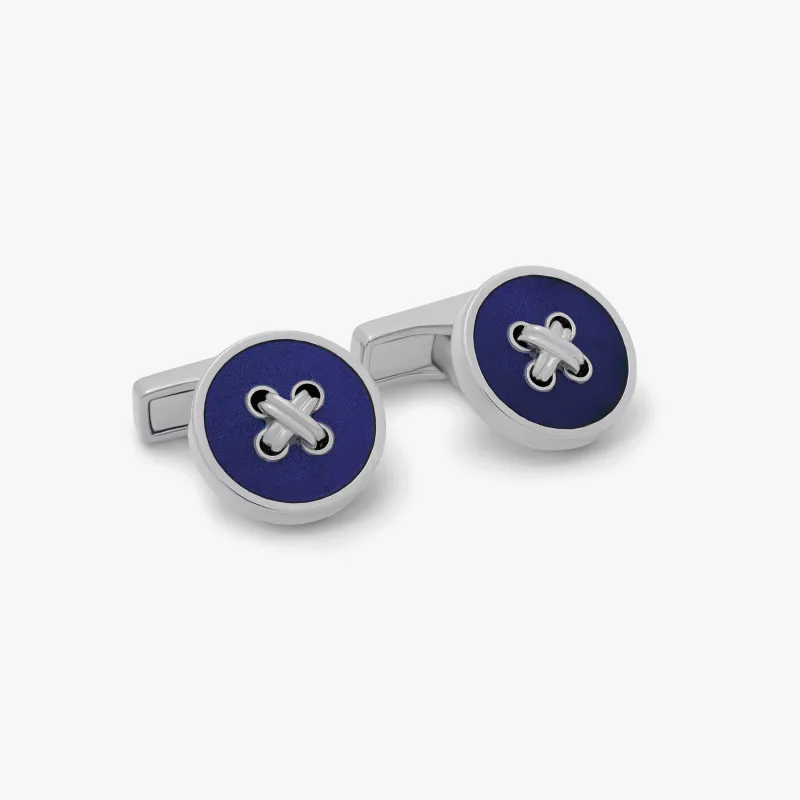 THOMPSON Tambor Button Cufflinks in Palladium Plated with Blue Enamel sold by Tateossian