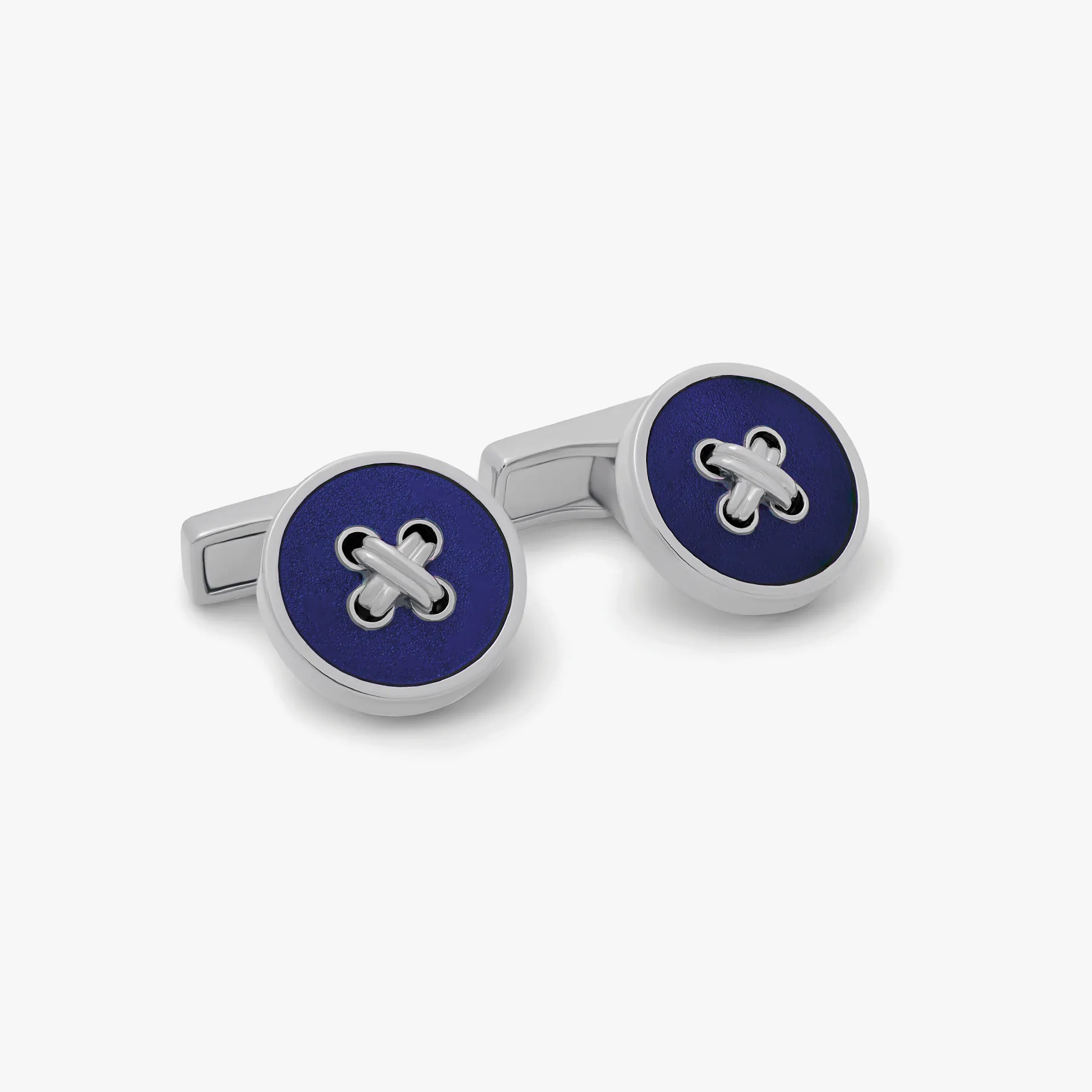 THOMPSON Tambor Button Cufflinks in Palladium Plated with Blue Enamel sold by Tateossian