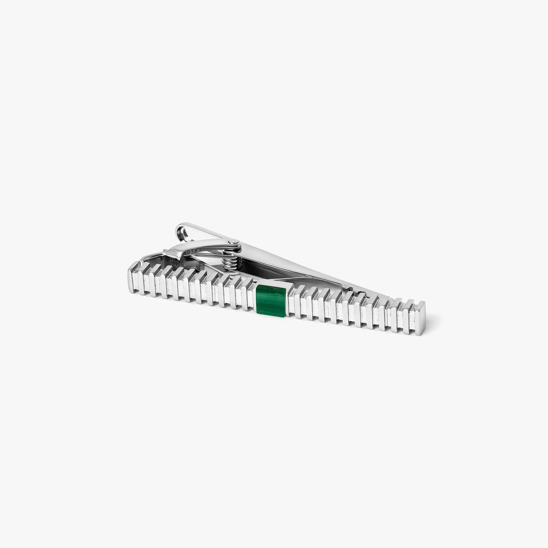 THOMPSON Stripe Grille Tie Clip in Palladium Plated with Malachite sold by Tateossian
