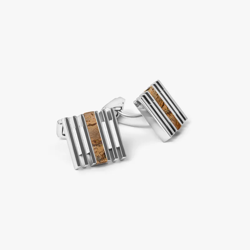THOMPSON Summer Stripes Bar Cufflinks in Palladium Plated with Picture Jasper sold by Tateossian