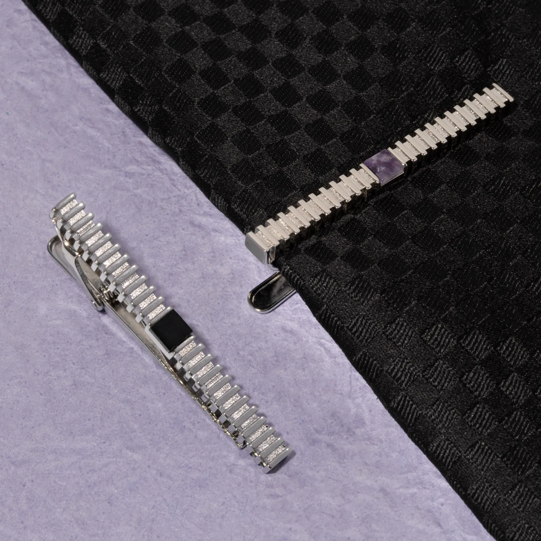 THOMPSON Stripe Grille Tie Clip in Palladium Plated with Black Onyx sold by Tateossian product image thumbnail 3
