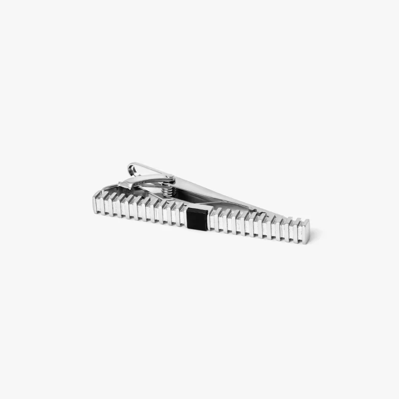 THOMPSON Stripe Grille Tie Clip in Palladium Plated with Black Onyx sold by Tateossian
