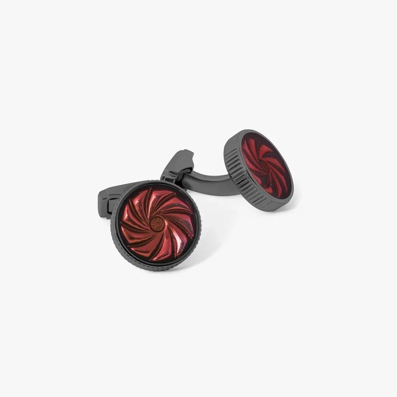 THOMPSON Optical Lens Cufflinks in Gunmetal Plated with Red Enamel sold by Tateossian
