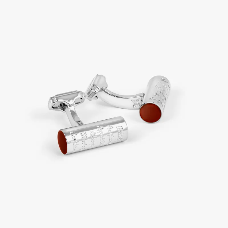 THOMPSON Manifestation Cylinder Cufflinks In Stainless Steel sold by Tateossian