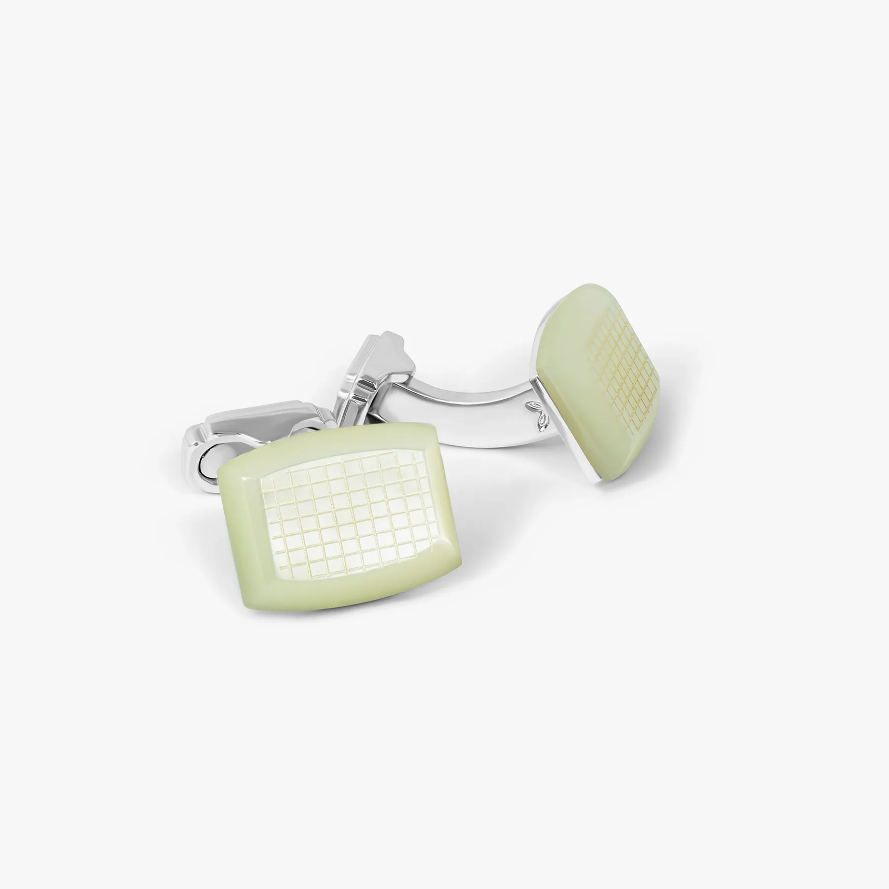 THOMPSON Woven Tonneau Cufflinks In White Bronze and White MOP sold by Tateossian