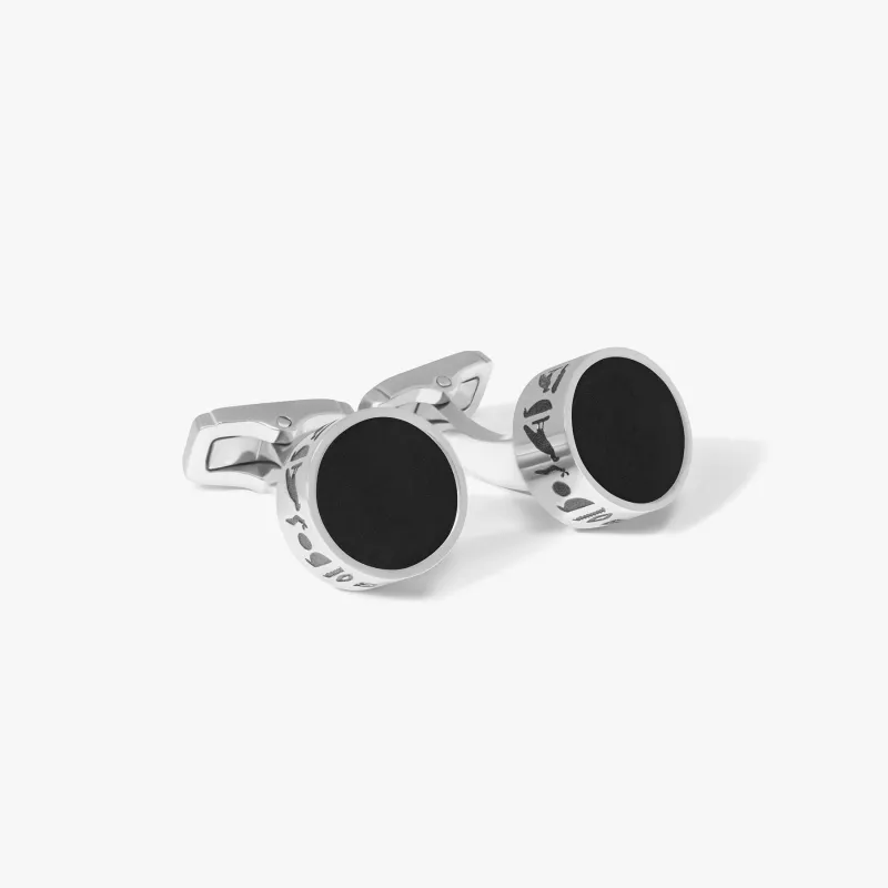 THOMPSON Black Stainless Steel Hieroglyphic Cufflinks sold by Tateossian