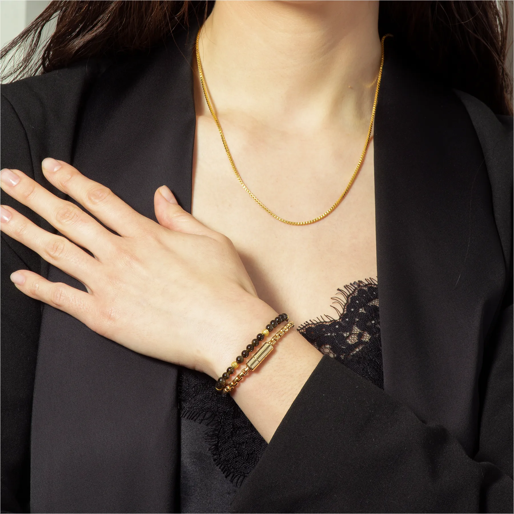 Graffiato Sennit Bracelet In Yellow Gold Plated Silver with Gold Obsidian sold by Tateossian product image thumbnail 3