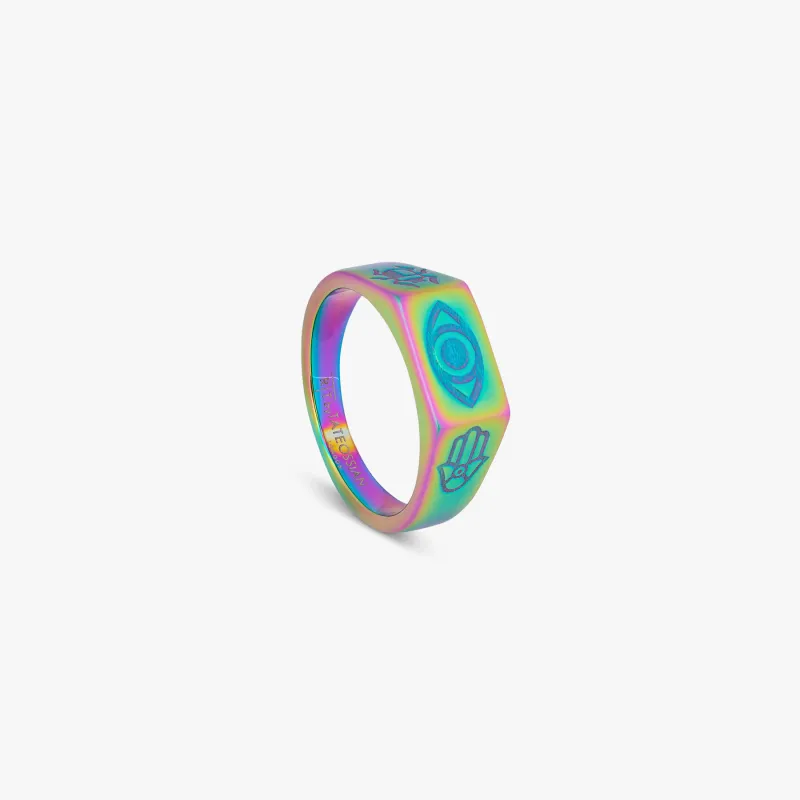 IP Iridescent plated stainless steel Kaleidoscope Amulet ring sold by Tateossian