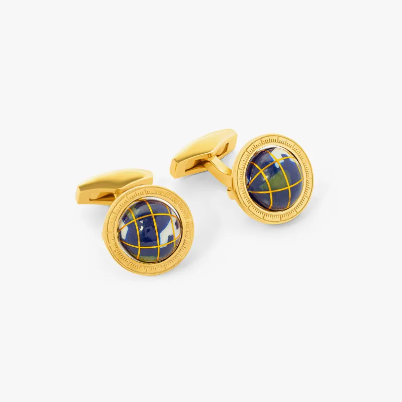 Globe Cufflinks In Yellow Gold Plated Silver with Blue Lapis sold by Tateossian