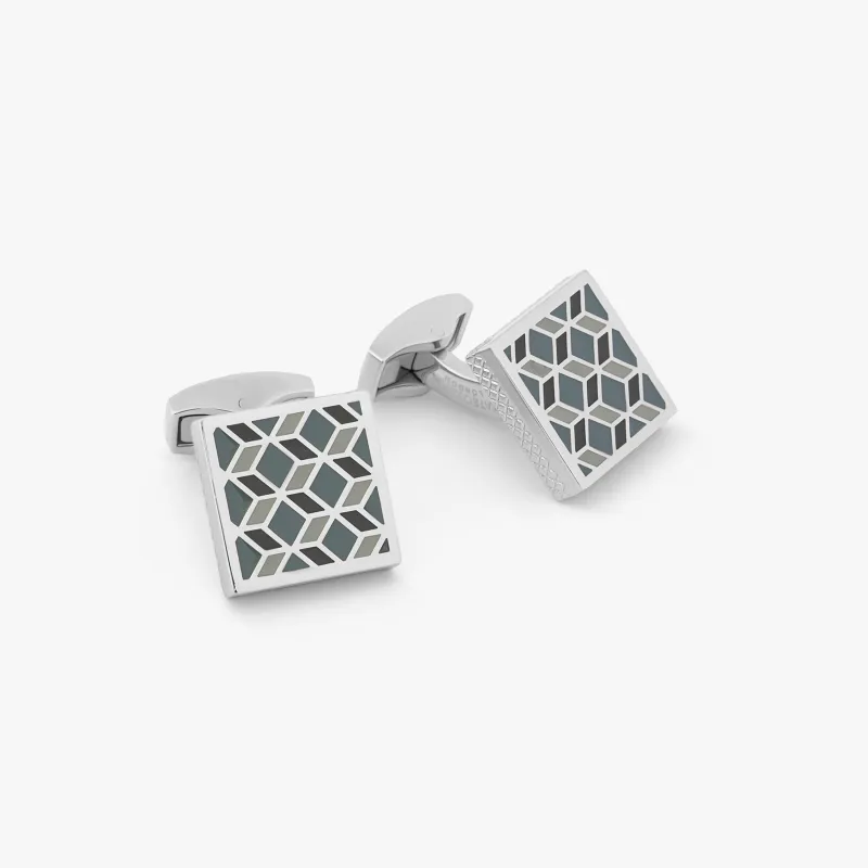 Geometric Cufflinks In Palladium plated with grey enamel sold by Tateossian