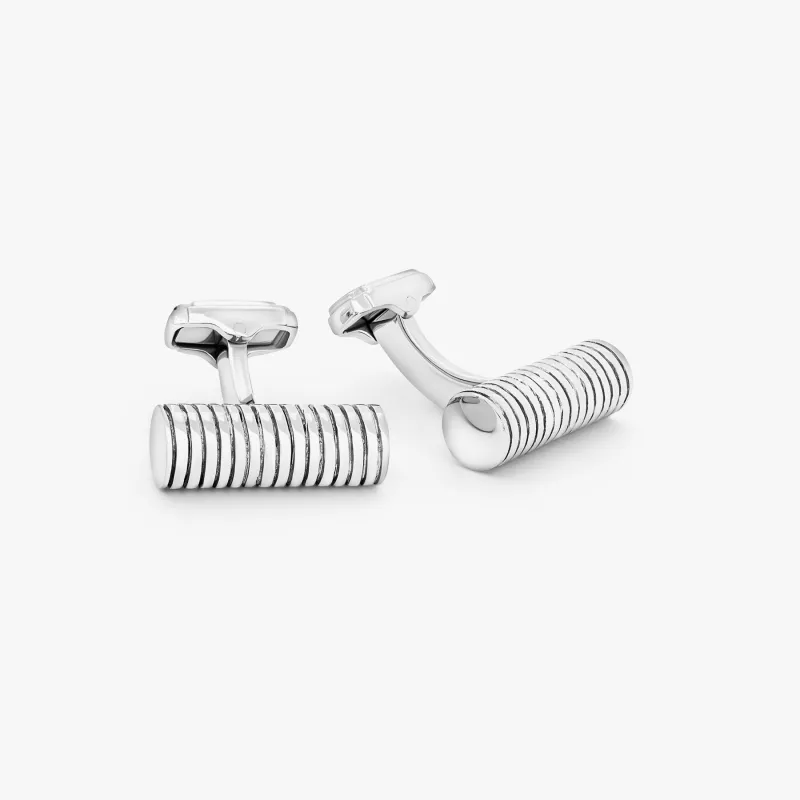 THOMPSON Ribbed Cylinder cufflinks with black enamel sold by Tateossian