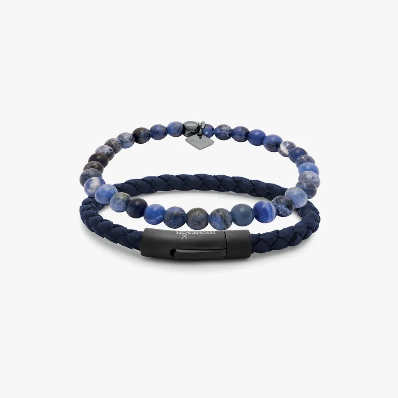 THOMPSON Black IP steel Tubo Classico Set bracelets in blue leather sold by Tateossian