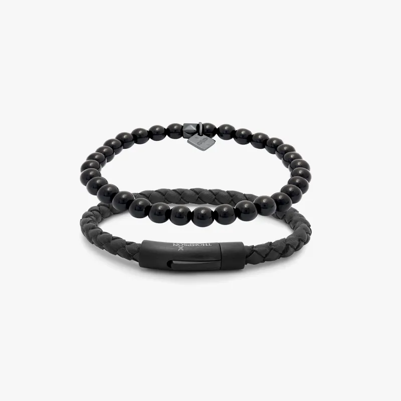 THOMPSON Black IP steel Tubo Classico Set bracelets in black leather sold by Tateossian
