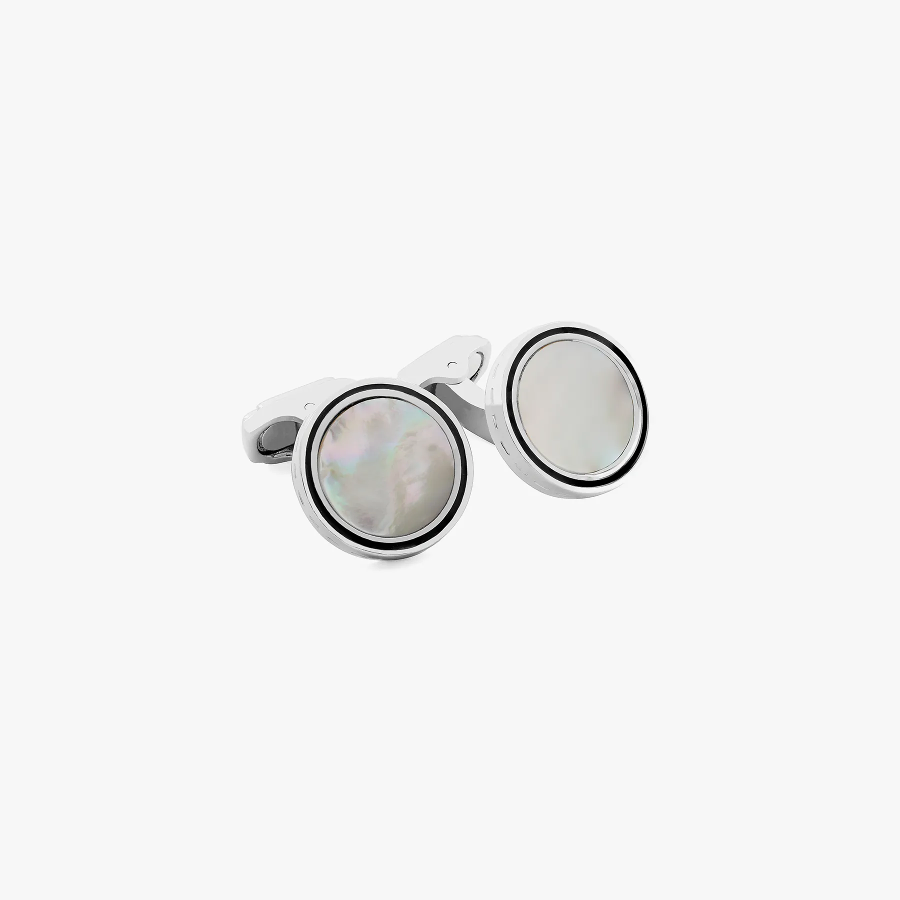 THOMPSON Tambor Cufflinks In Rhodium Plated with Whtite MOP sold by Tateossian