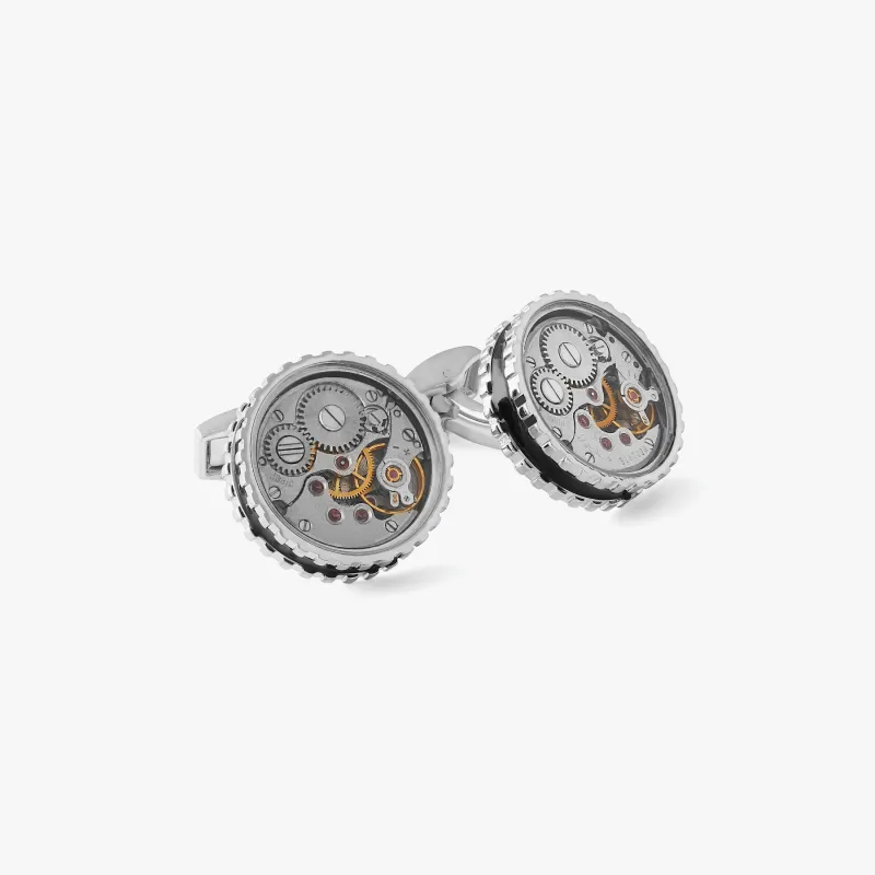 Round Skeleton Gear static cufflinks with black enamel in Palladium Plated sold by Tateossian