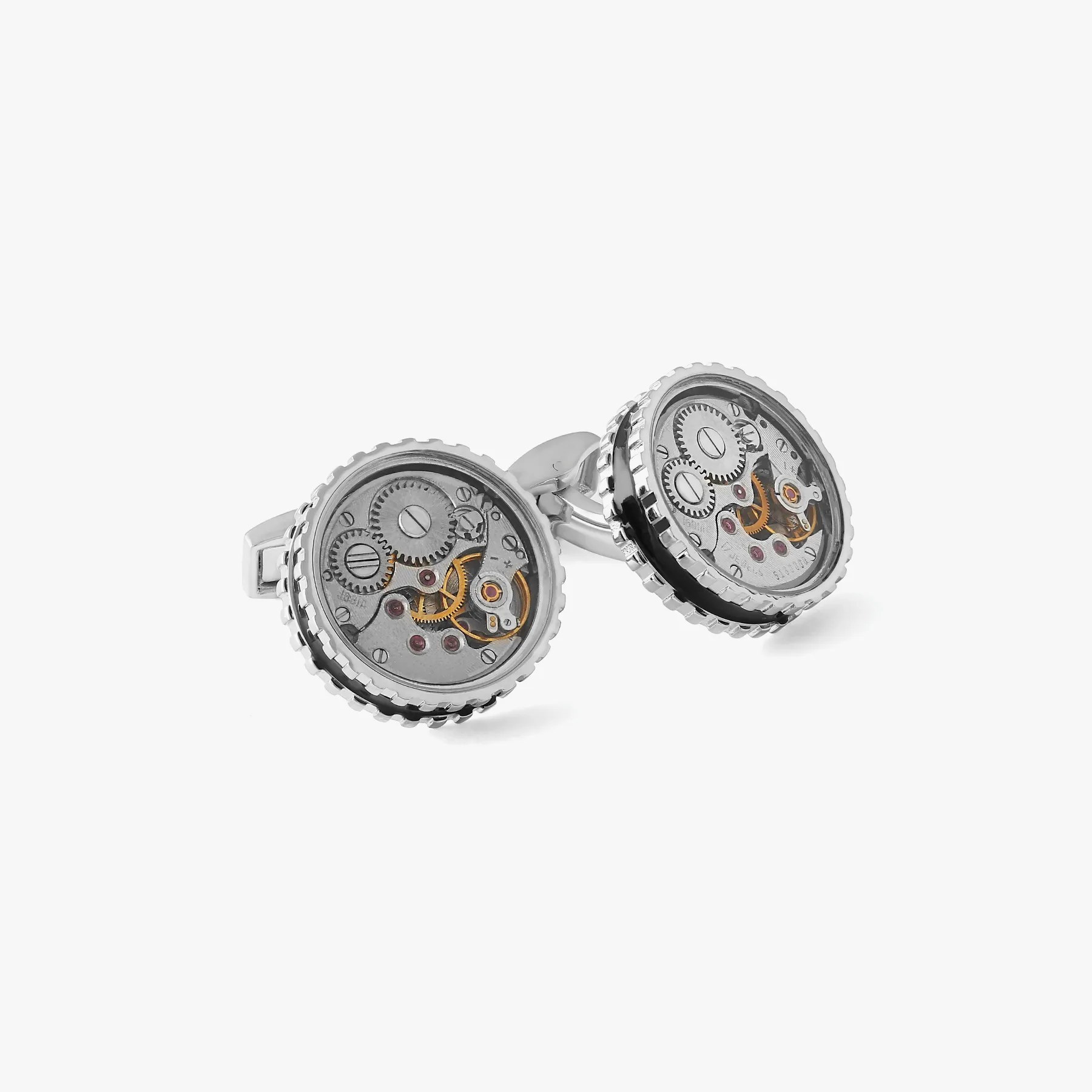 Round Skeleton Gear static cufflinks with black enamel in Palladium Plated sold by Tateossian