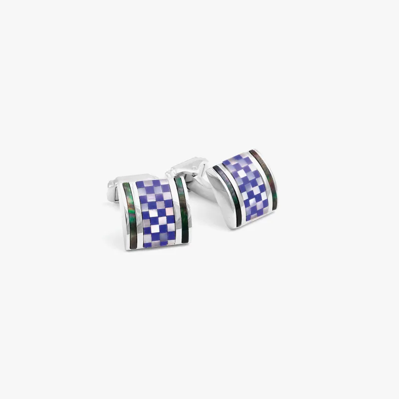 THOMPSON Mosaic D-Shape Cufflinks In White Bronze Plated With White MOP and Lapis sold by Tateossian