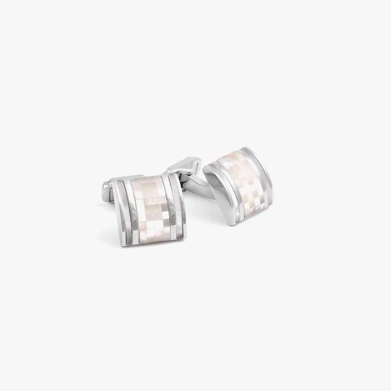 THOMPSON Mosaic D-Shape cufflinks In White Bronze Plated With White MOP sold by Tateossian