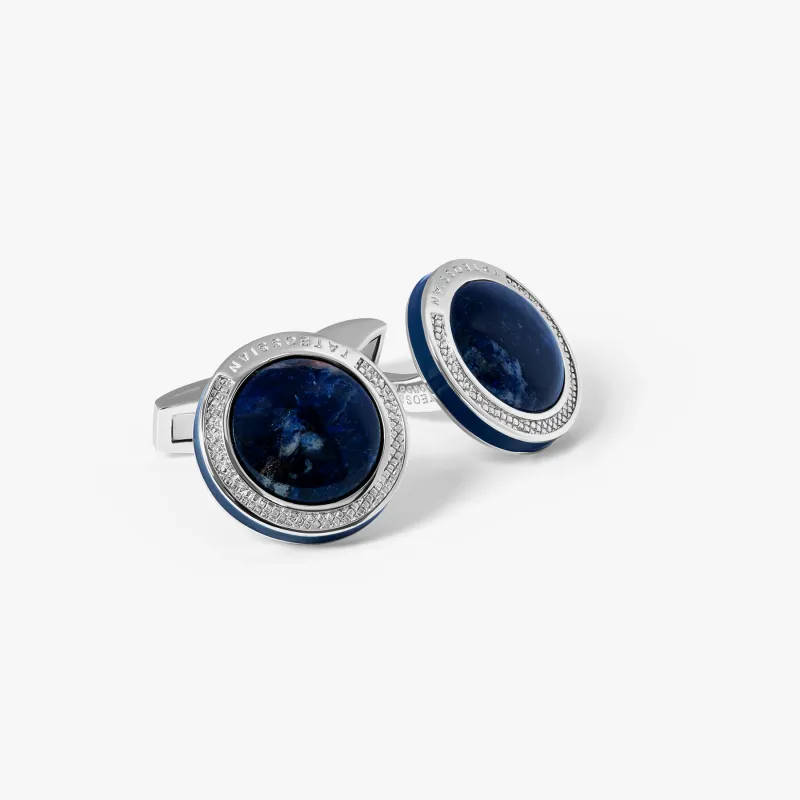Signature Round Cufflinks in Rhodium Plated Silver with Sodalite sold by Tateossian
