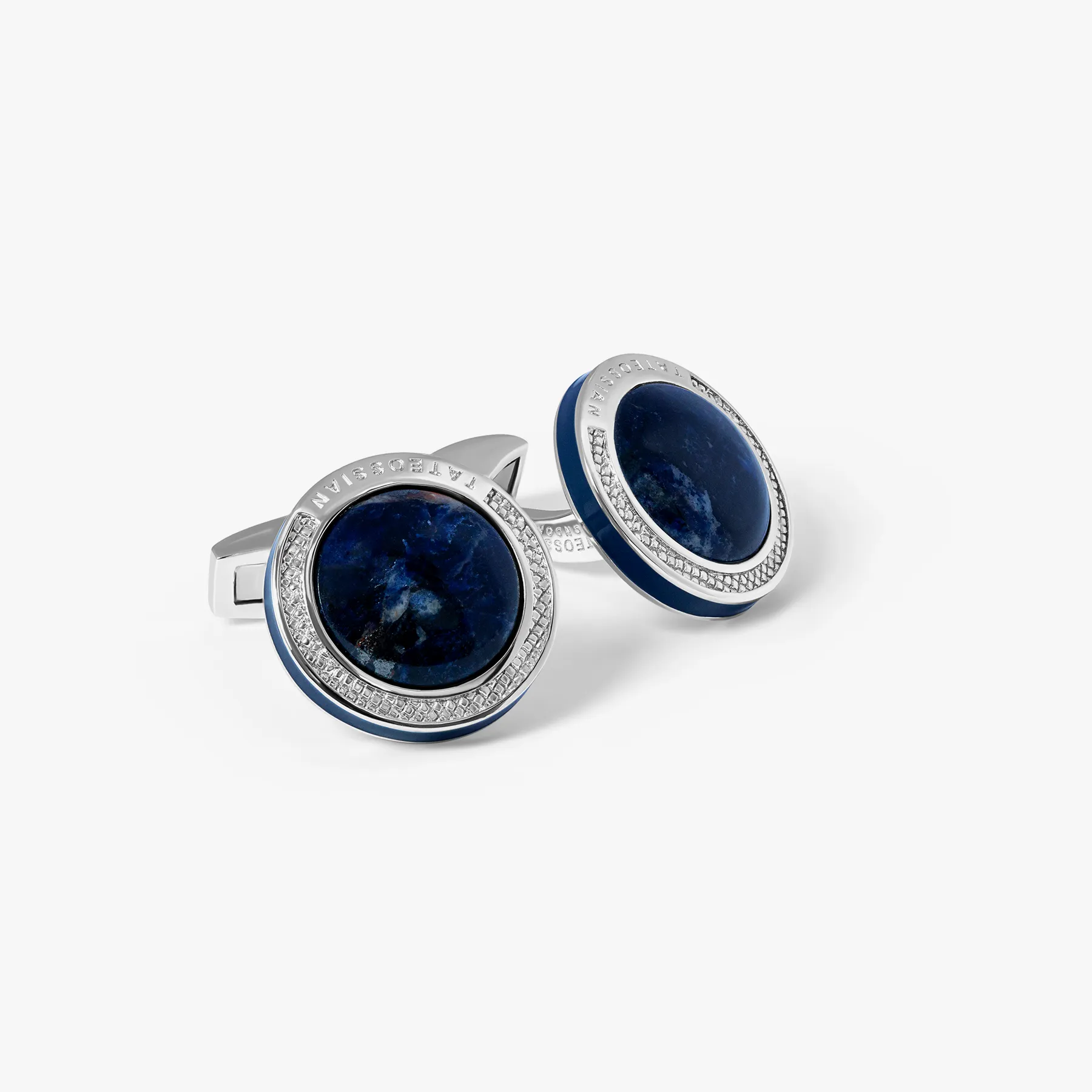 Signature Round Cufflinks in Rhodium Plated Silver with Sodalite sold by Tateossian