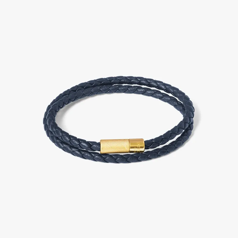 Pop Rigato Double Wrap Leather Bracelet In Navy With 18K Yellow Gold Plated sold by Tateossian