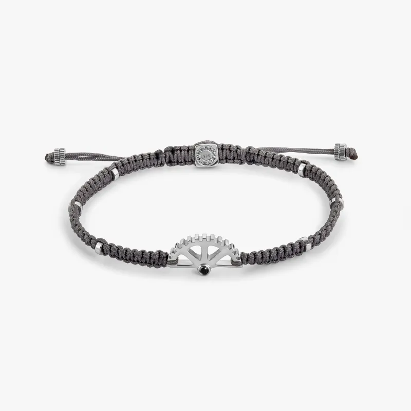 Puzzle Gear Grey Macrame Bracelet in Rhodium Silver with Black Spinel sold by Tateossian