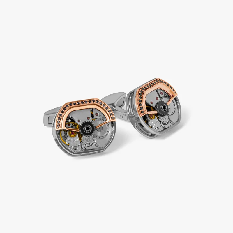Diamond Tonneau Skeleton Cufflinks in Rhodium and Rose Gold Silver with Watch Movement (Limited Edition) sold by Tateossian