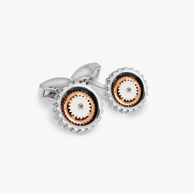 Rotare Gear Cufflinks in Rhodium Plated with White Mother of Pearl sold by Tateossian