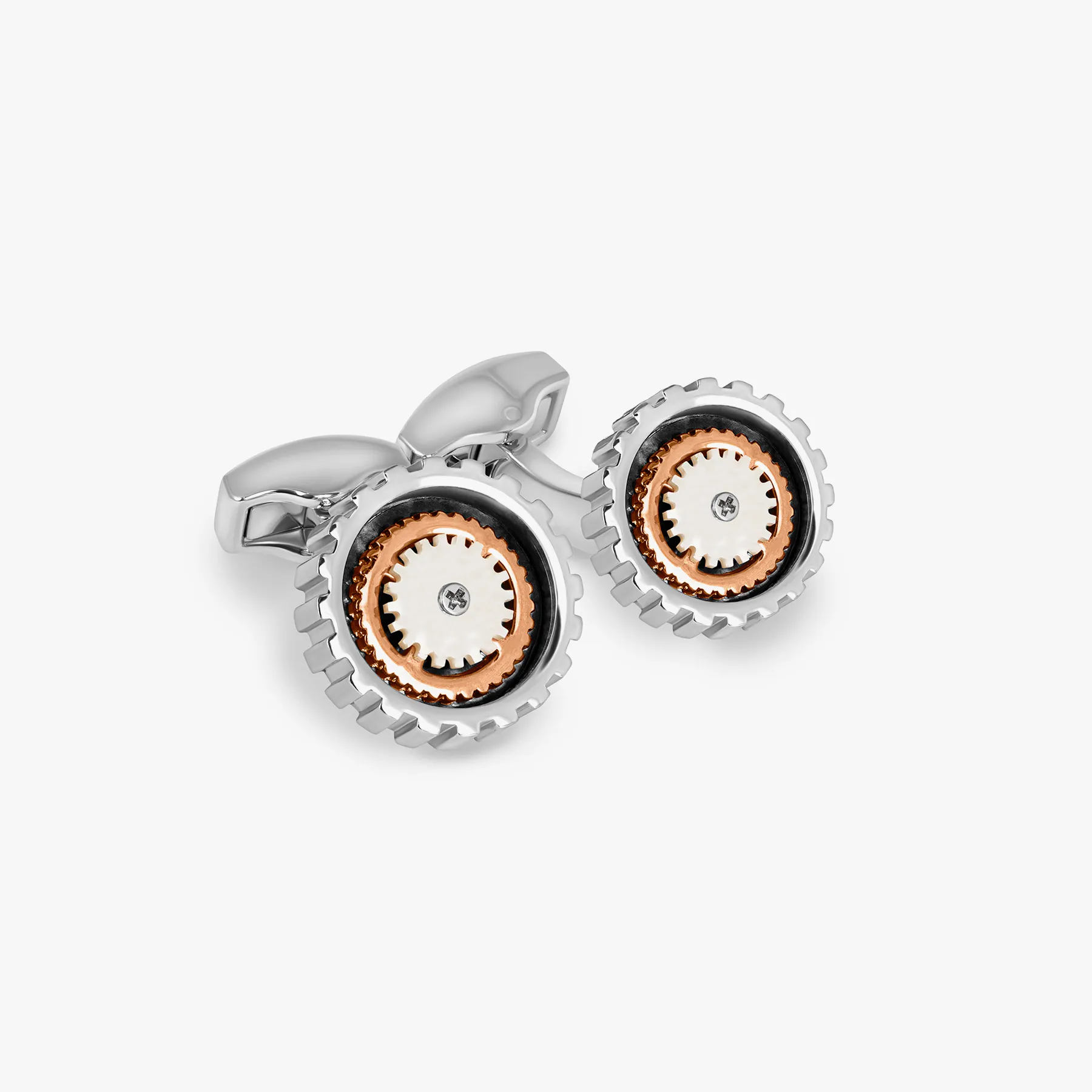 Rotare Gear Cufflinks in Rhodium Plated with White Mother of Pearl sold by Tateossian