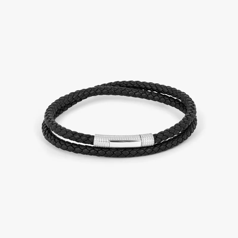 Giza Click Pelle Double Wrap Black Leather Bracelet in Rhodium Silver sold by Tateossian