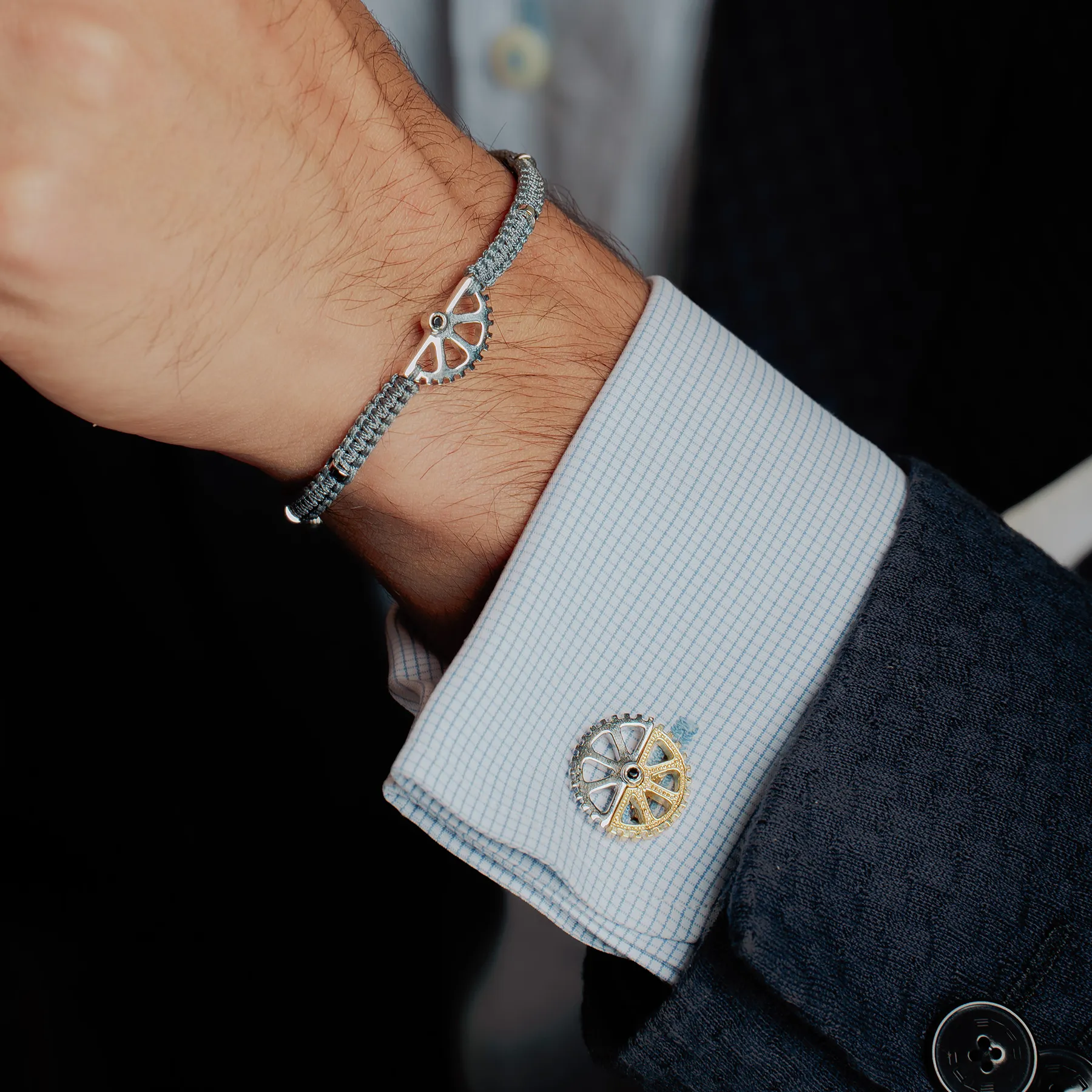 Puzzle Gear Cufflinks in Rhodium and Yellow Gold Plated with Black Spinel sold by Tateossian product image thumbnail 2