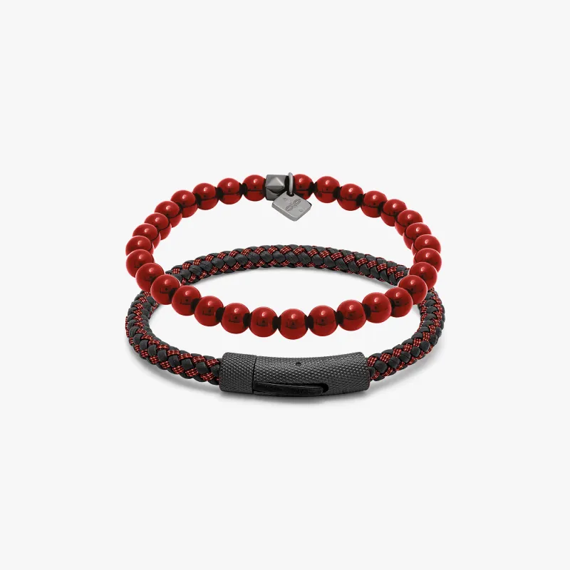 THOMPSON Stainless steel Denim Set bracelets in red leather sold by Tateossian