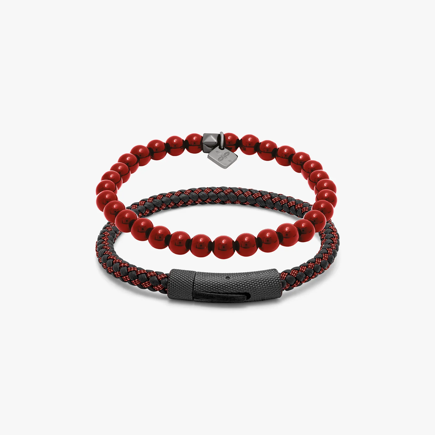 THOMPSON Stainless steel Denim Set bracelets in red leather sold by Tateossian