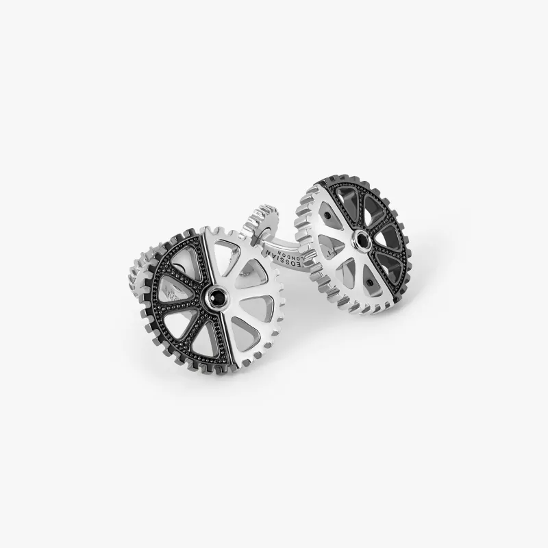 Puzzle Gear Cufflinks in Black Rhodium and Rhodium Plated Silver with Black Spinel sold by Tateossian