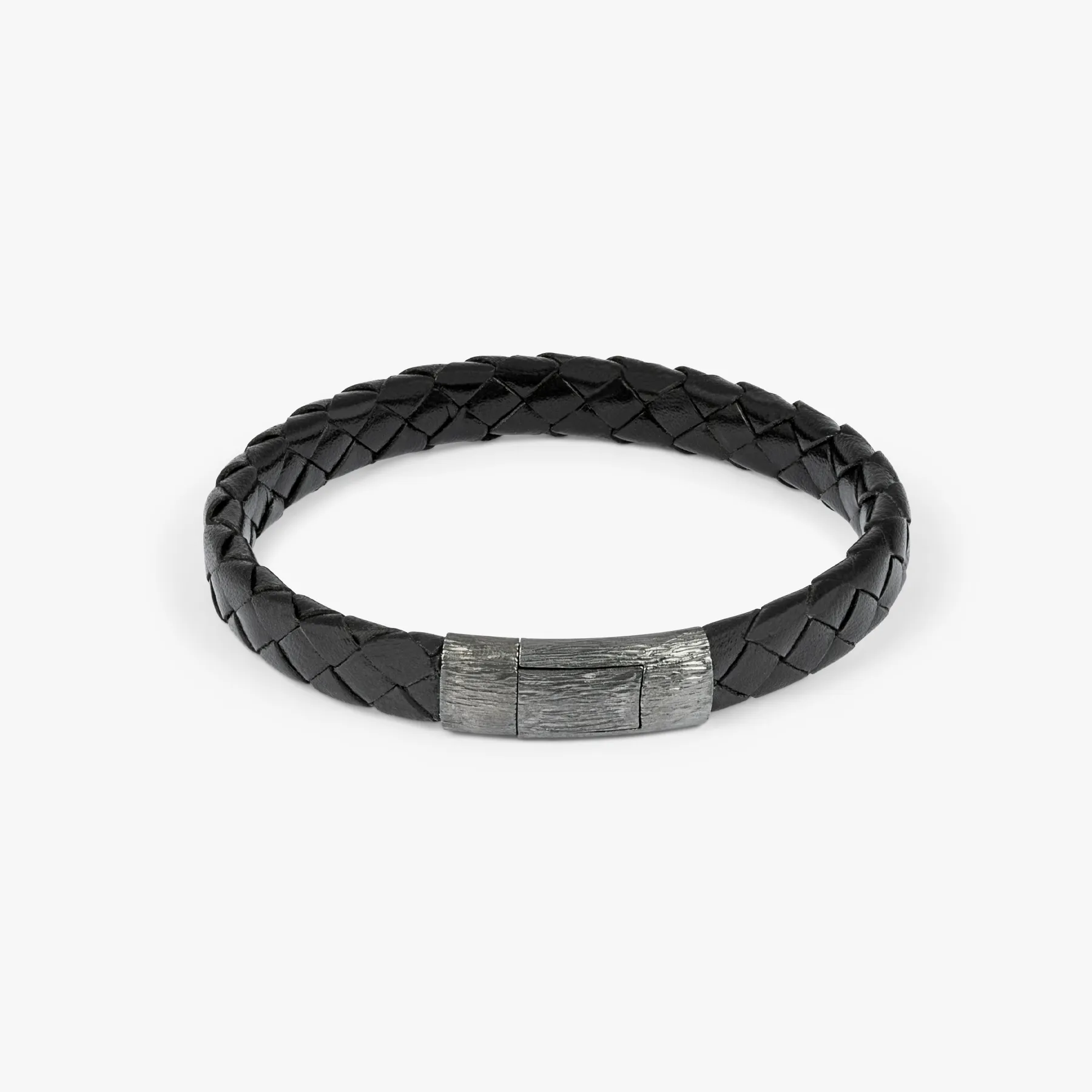 Graffiato bracelet in Italian black leather with black rhodium plated sterling silver sold by Tateossian