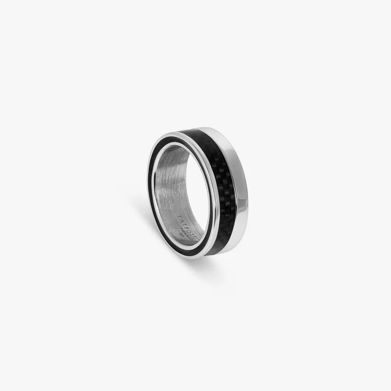Mezzo Ring in Rhodium Plated Sterling Silver with Black Carbon Fibre sold by Tateossian