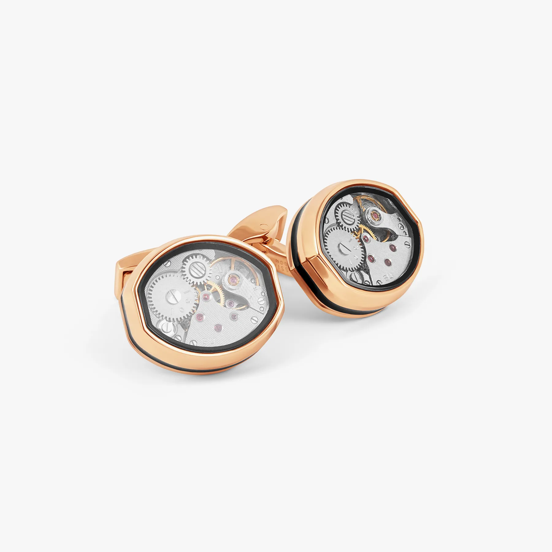 Tonneau Skeleton Cufflinks in Rose Gold & Black Enamel sold by Tateossian