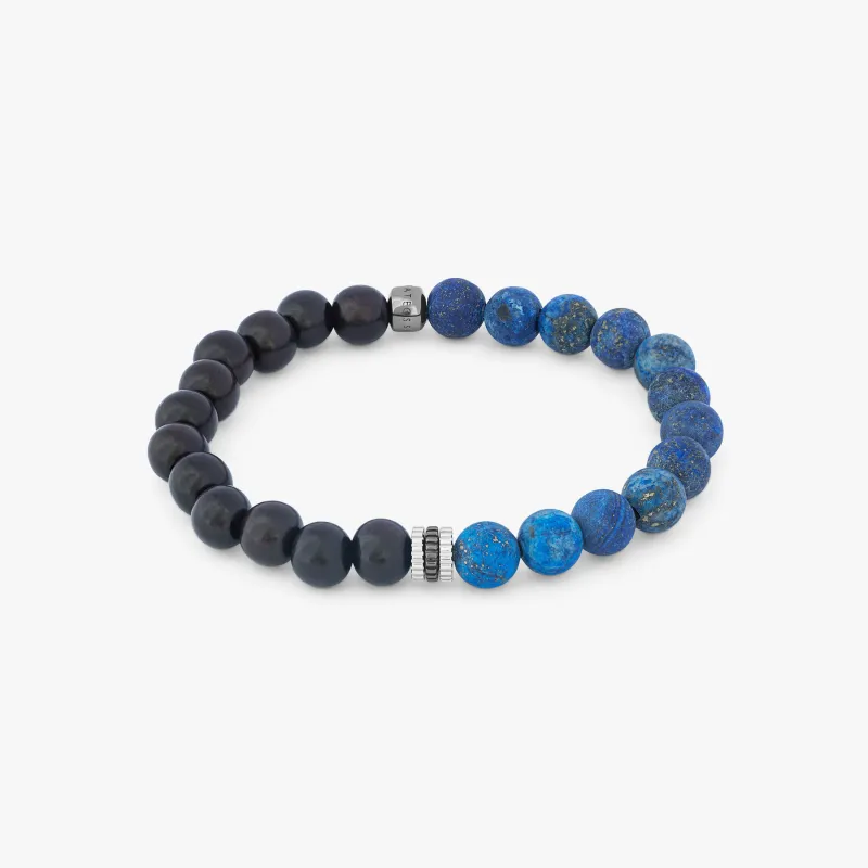 Gear Trio Beaded Bracelet In Rodium Plated Silver With Ebony Wood & Blue Lapis sold by Tateossian