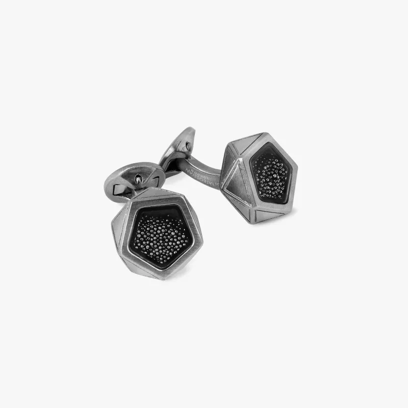 Caviar Pentagon cufflinks with black caviar beads and gunmetal finish sold by Tateossian