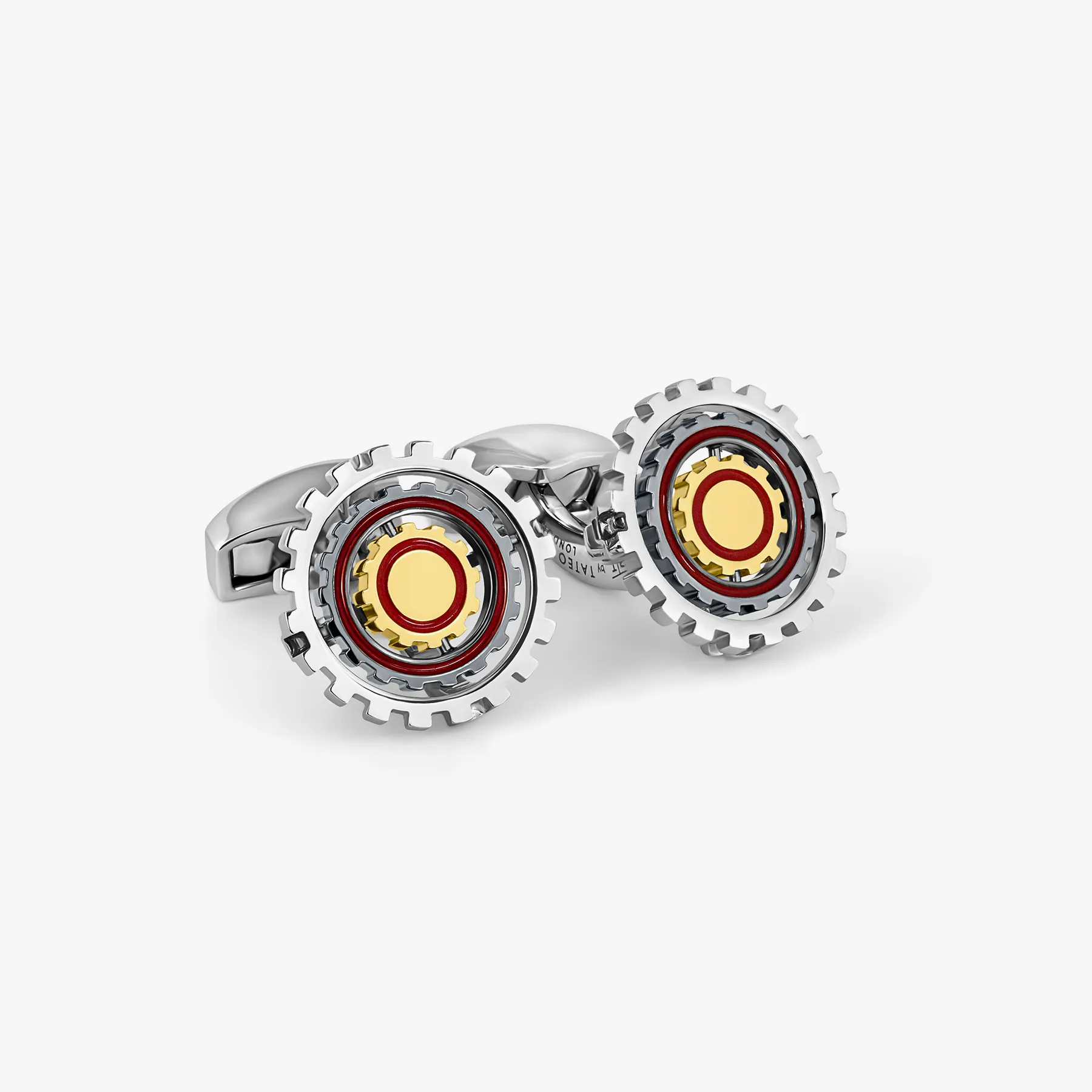 Orbit Gear Cufflinks in Palladium & Red Enamel sold by Tateossian