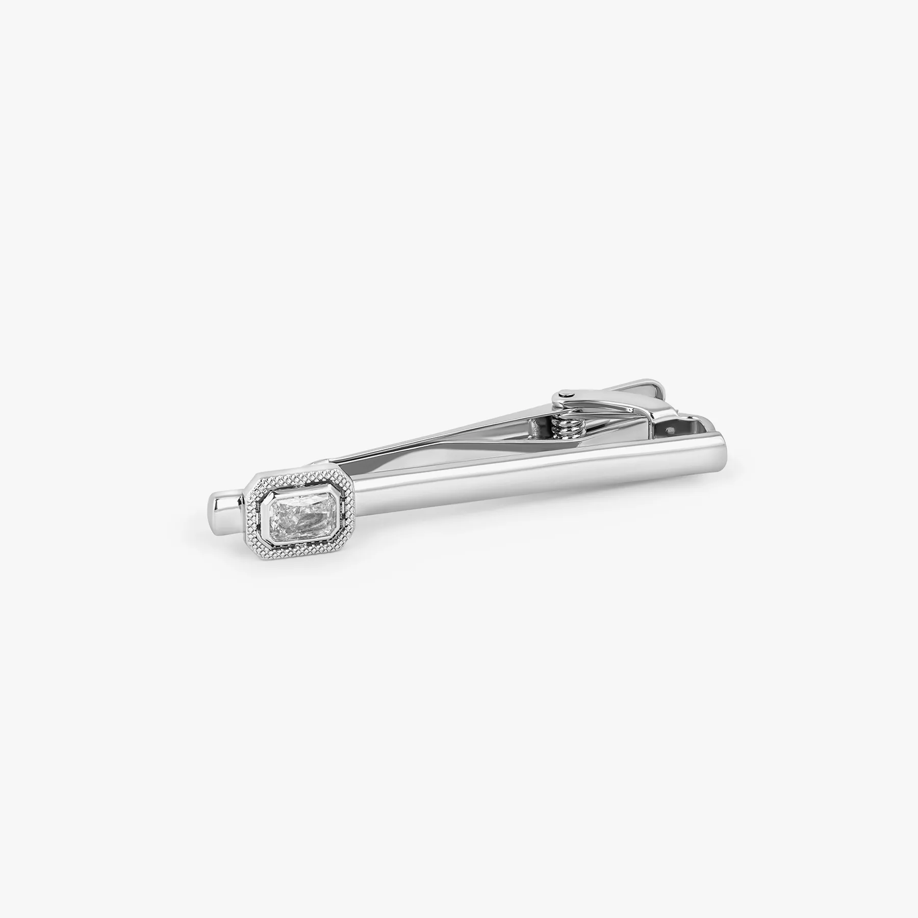 Halo Rectangular Tie Clip in Rhodium Plated with Clear Cubic Zirconia sold by Tateossian