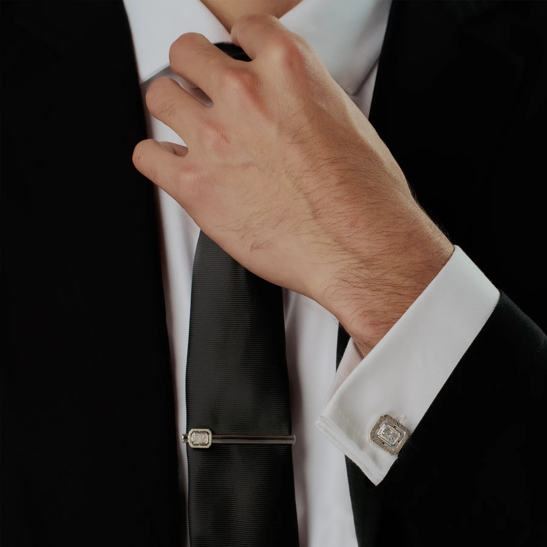 Halo Rectangular Tie Clip in Rhodium Plated with Clear Cubic Zirconia sold by Tateossian product image thumbnail 2