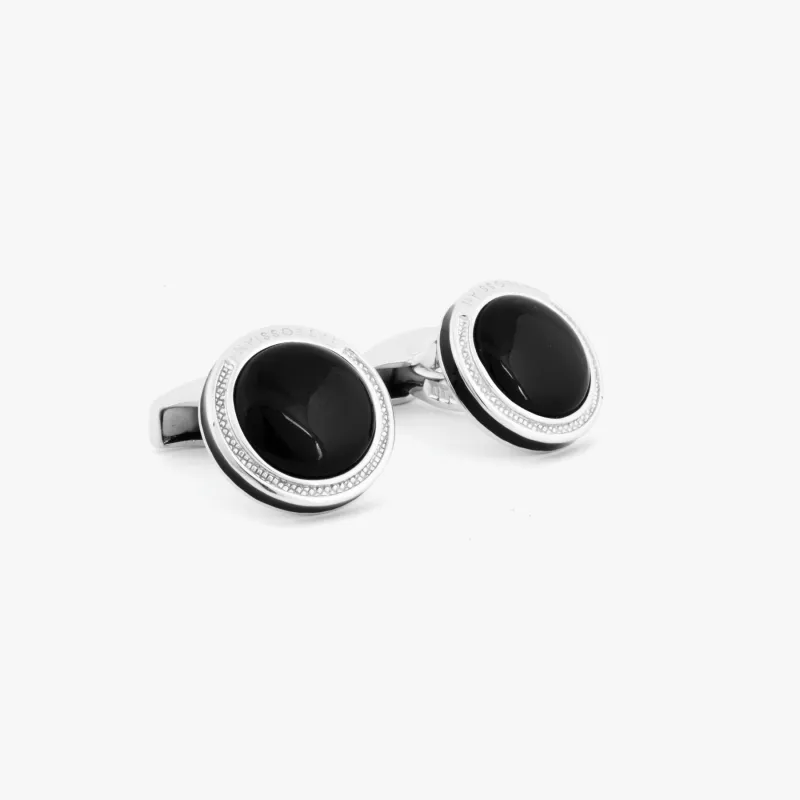 Signature Round cufflinks in Rhodium Plated Silver with Onyx sold by Tateossian