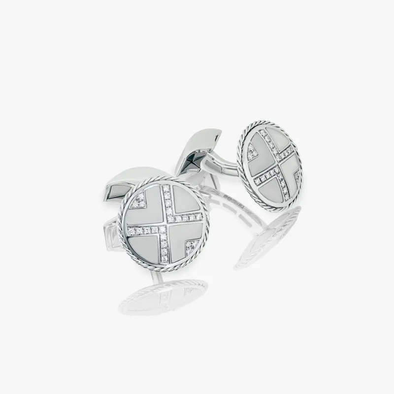 Deco cable round cufflinks in 18K white gold and diamonds sold by Tateossian