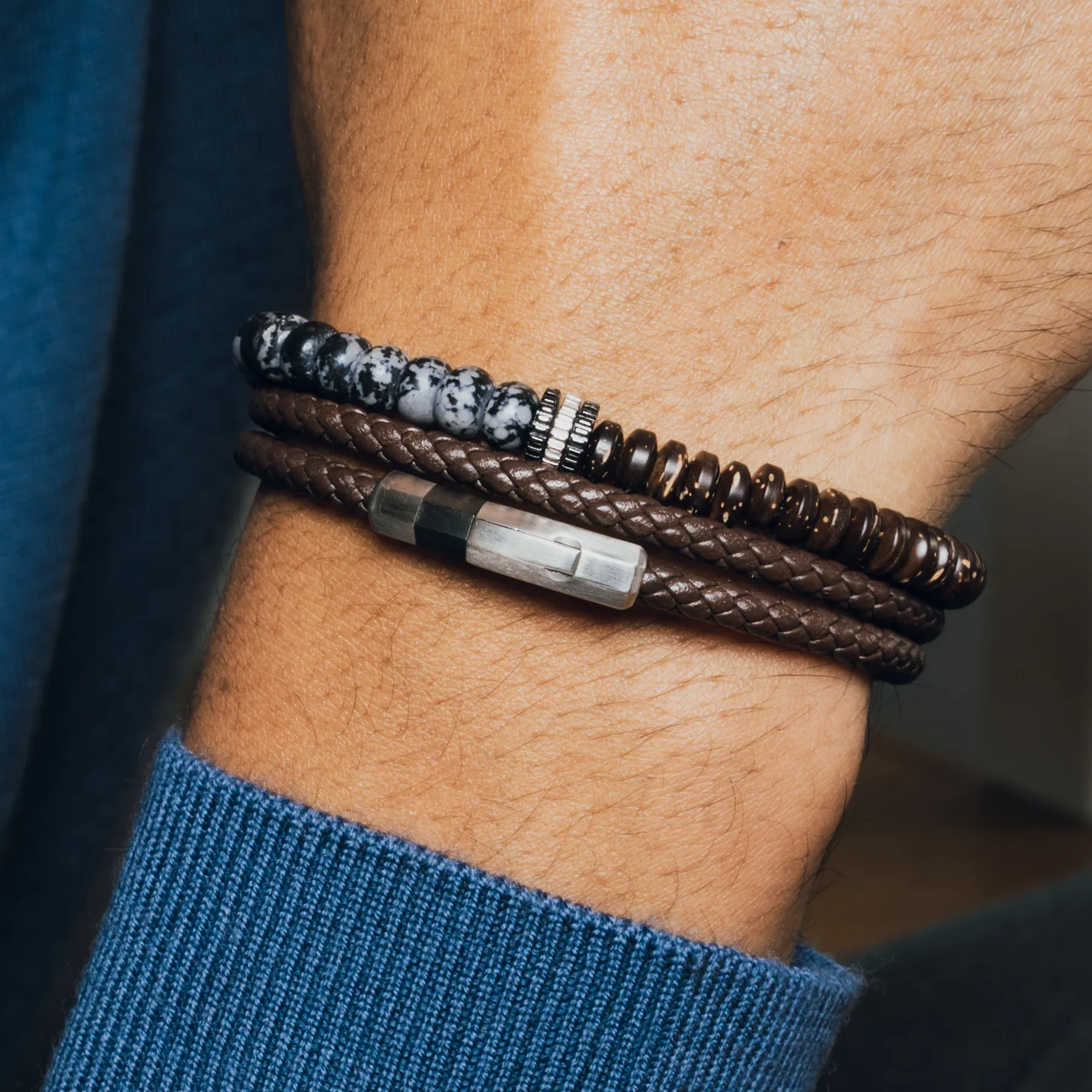 Octagon Click Pelle Double Wrap Leather Bracelet In Brown sold by Tateossian product image thumbnail 2